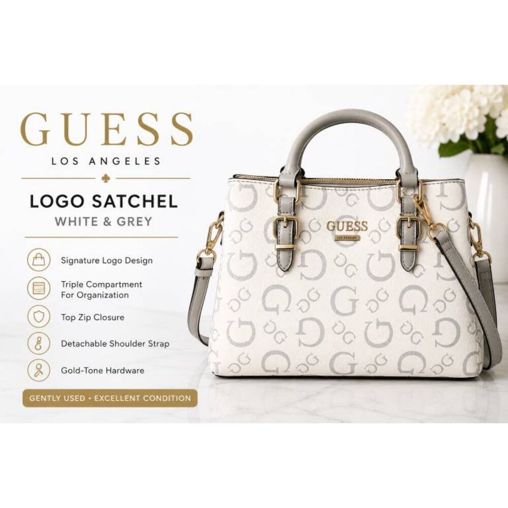 Guess Los Angeles Logo Satchel White & Grey Signature Crossbody Handbag